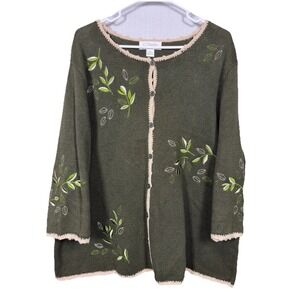 CJ Banks Olive Green Embroidered Cardigan 2X Botanical Leaf Crochet Trim Cottage